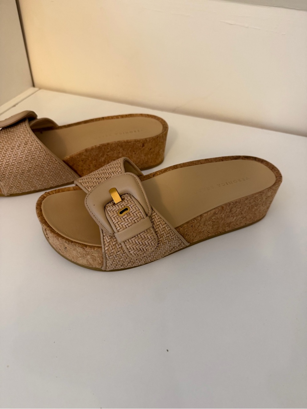 Veronica Beard Woven Tan Cork Wedge Slide Sandals